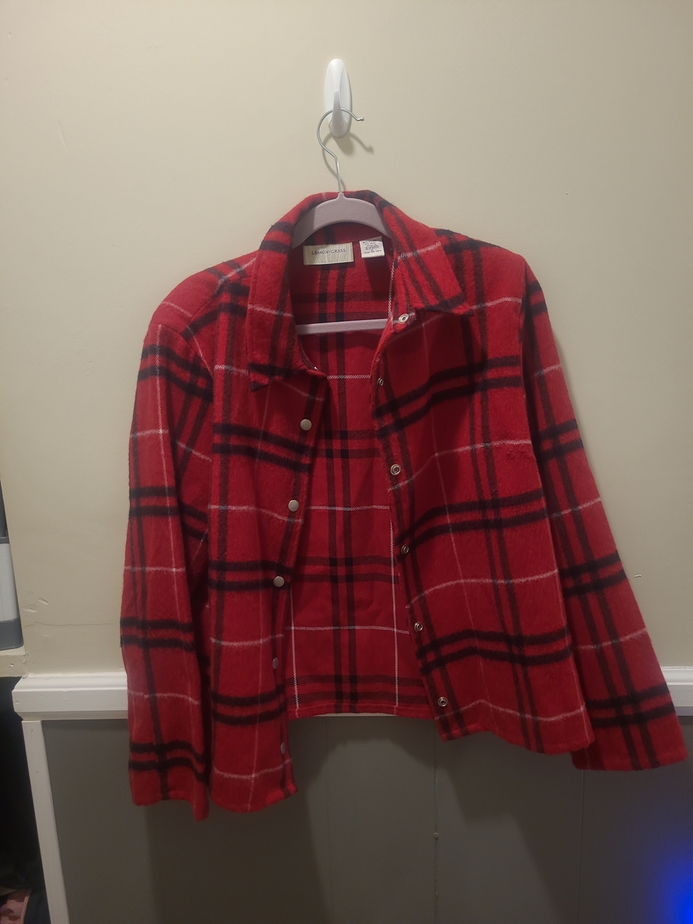 Lemon Grass Womens ’s Plaid Shirt Jacket Red Black Cozy Cabincore Rustic Layer L